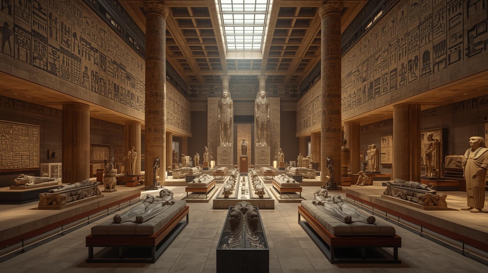Grand hall of the Egyptian Museum displaying ancient statues, sarcophagi, and hieroglyph-covered walls under a large skylight.