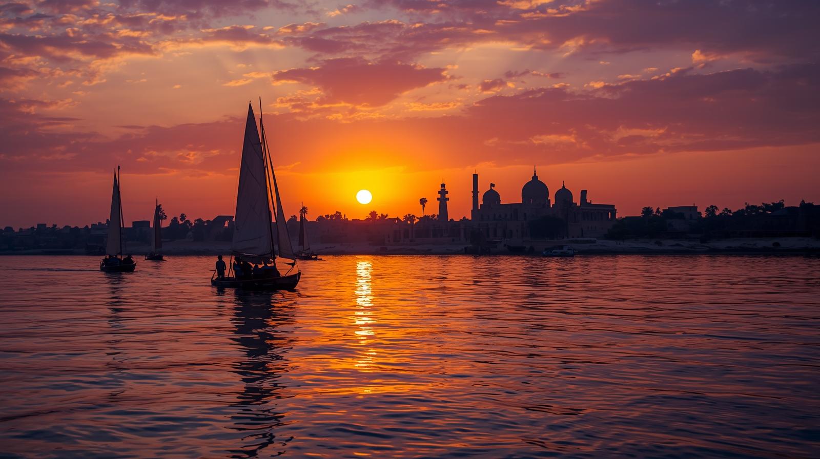 Sailboats on the Nile River at sunset with orange reflections on the water and mosque silhouettes in the background.