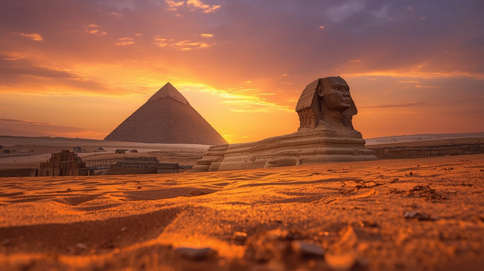 The Great Sphinx and a pyramid in Giza at sunset, surrounded by desert sand under a glowing sky.